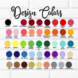 May include: A chart of 40 different colour swatches with their names listed below each swatch. The colours include black, white, red, pink, orange, yellow, green, blue, purple, brown, grey, and tan.