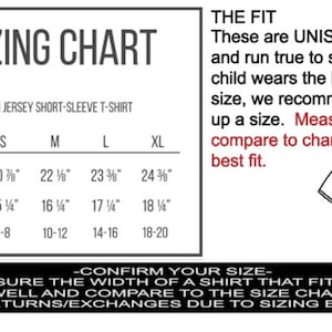 May include: A white sizing chart for a youth jersey short-sleeve t-shirt. The chart includes body length and width measurements in inches for sizes S, M, L, and XL. Text on the right explains the fit, recommending to measure and compare to the chart for the best fit.