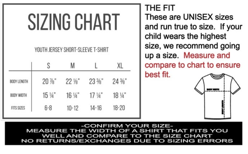 May include: A white sizing chart for a youth jersey short-sleeve t-shirt. The chart includes body length and width measurements in inches for sizes S, M, L, and XL. Text on the right explains the fit, recommending to measure and compare to the chart for the best fit.