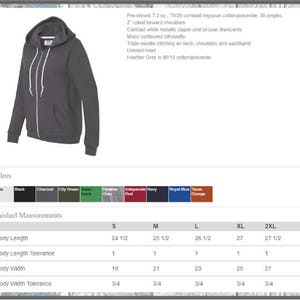 May include: A charcoal grey zip-up hoodie with white drawstrings. The hoodie has a rolled forward shoulder, a contoured silhouette, and triple-needle stitching on the neck, shoulders, and waistband. The hoodie is made of 75% combed ringspun cotton and 25% polyester. Finished measurements are listed in inches for sizes S, M, L, XL, and 2XL.