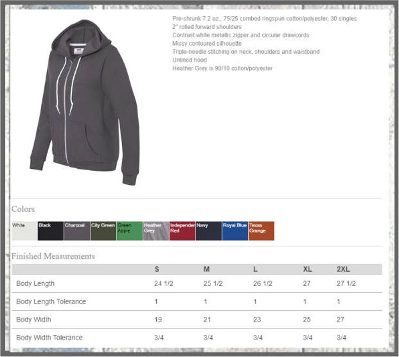 May include: A charcoal grey zip-up hoodie with white drawstrings. The hoodie has a rolled forward shoulder, a contoured silhouette, and triple-needle stitching on the neck, shoulders, and waistband. The hoodie is made of 75% combed ringspun cotton and 25% polyester. Finished measurements are listed in inches for sizes S, M, L, XL, and 2XL.