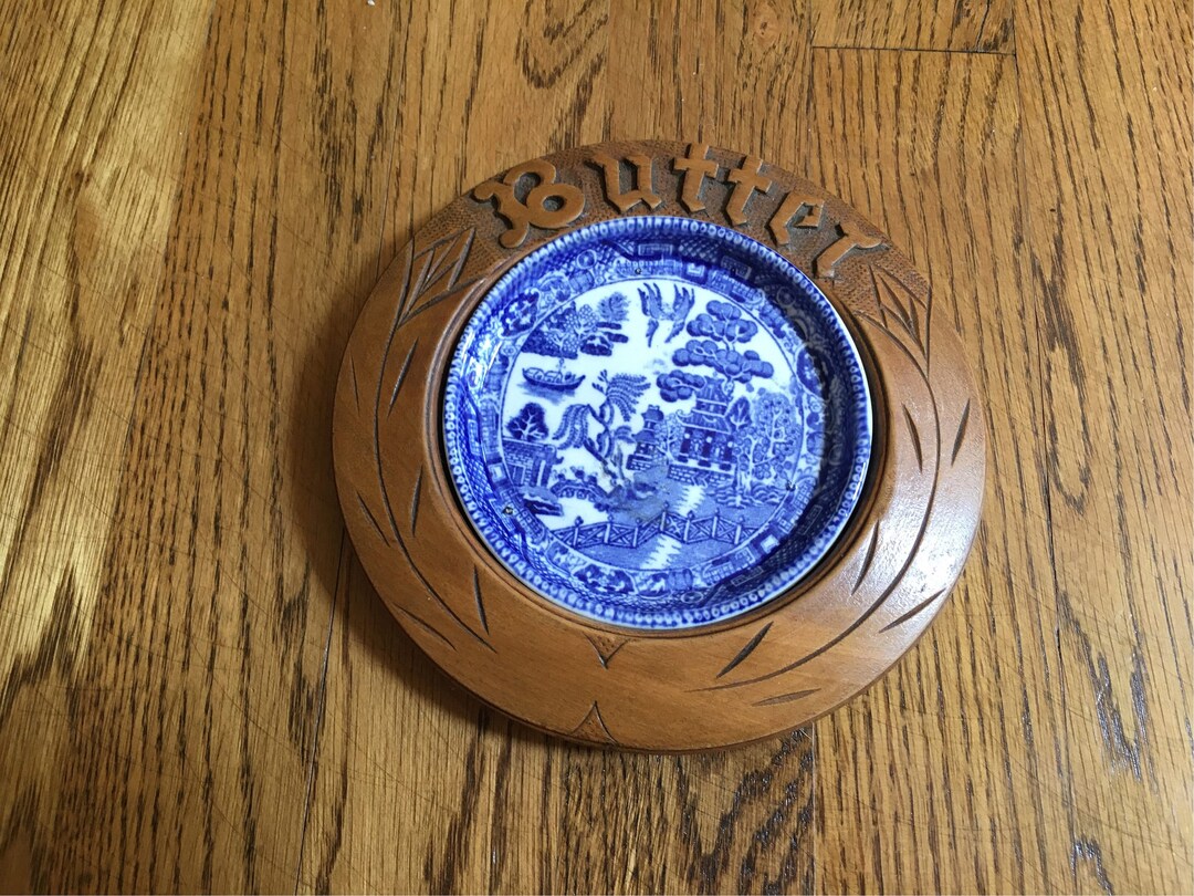 Antique Carved Wooden Butter Dish Surround With Blue Willow Insert Etsy