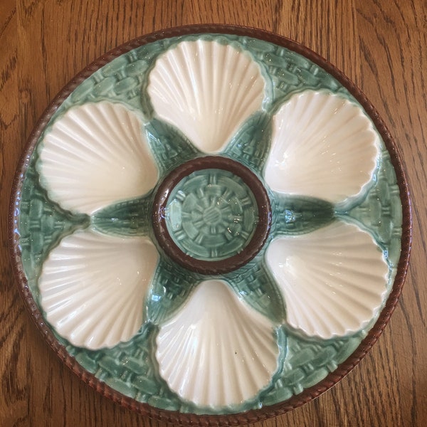 Antique French Green and White Oyster Plate