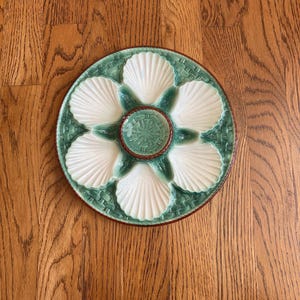 Antique  French Green and White Basket Weave Oyster Plate