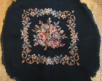 Antique Needlepoint Black Floral Fabric/Canvas