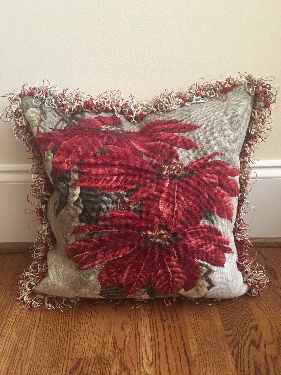 Needlepoint Poinsettia Pillow Etsy