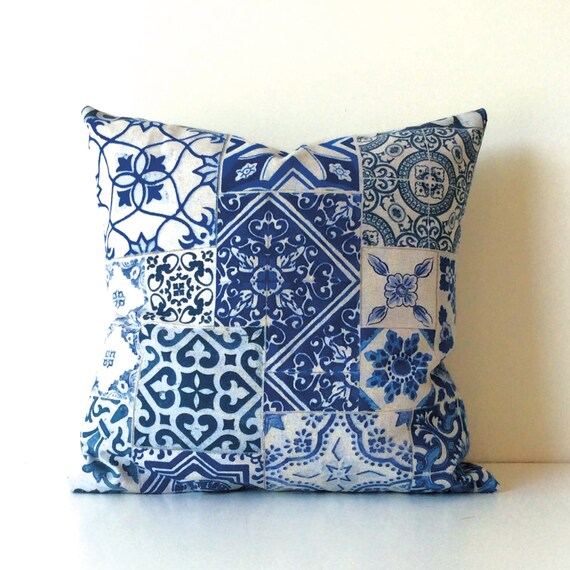 Items similar to Tile Print Cushion Covers, Blue and White Spanish Tile