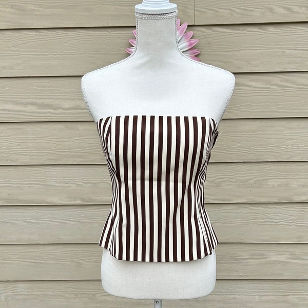 Stunning Brown and White 100% Silk Striped Corset-Style Top with Satin Straps Size 4 Etcetra Vintage Y2k Vintage 90's
