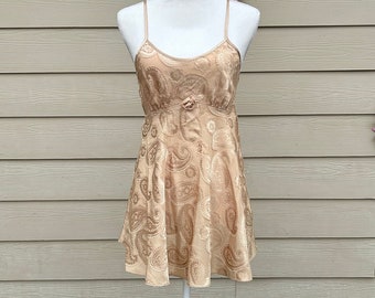 Vintage Irridescent Golden Slip Top/Mini Dress with Paisley Floral Print and Rosette Detail Beach Wear/Night Wear