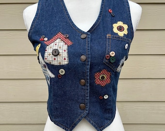 Vintage Patched 1970s Denim Button Up Crop Vest