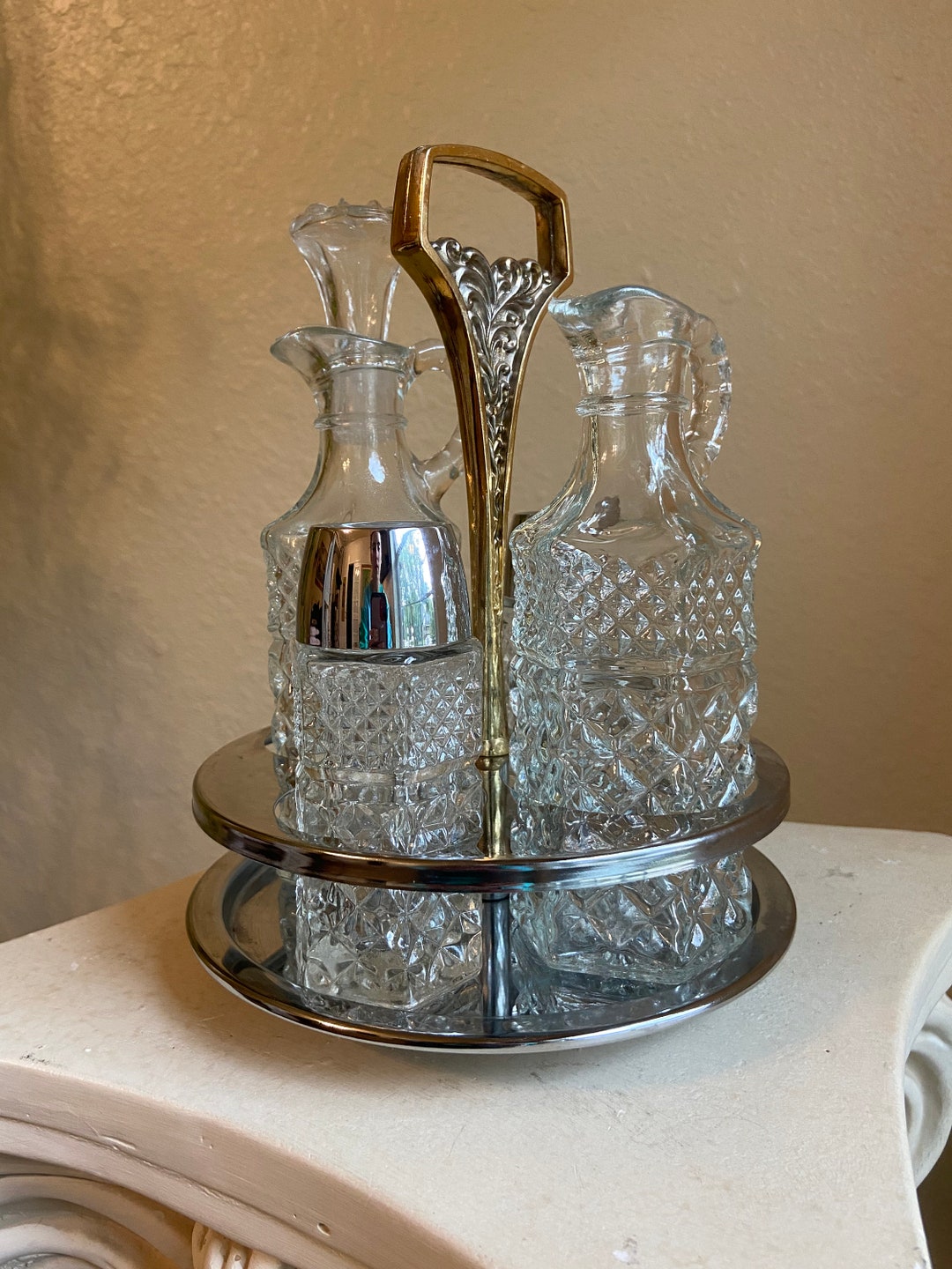 Vintage Lazy Susan Style Cruet Salt and Pepper Shakers Chrome and