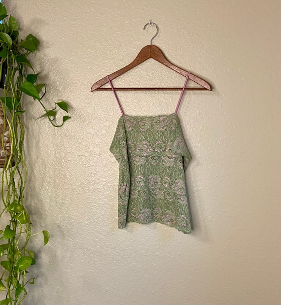 Green and Pink Floral Lacey Stretch Camisole With… - image 1