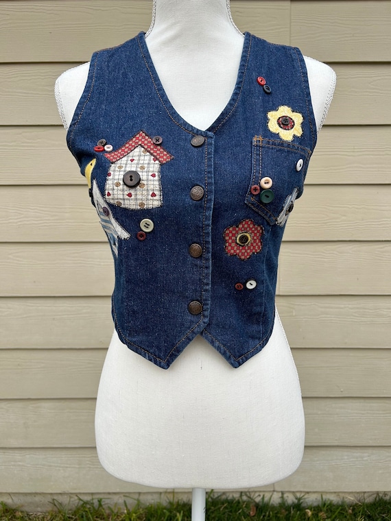 Vintage Patched 1970s Denim Button Up Crop Vest