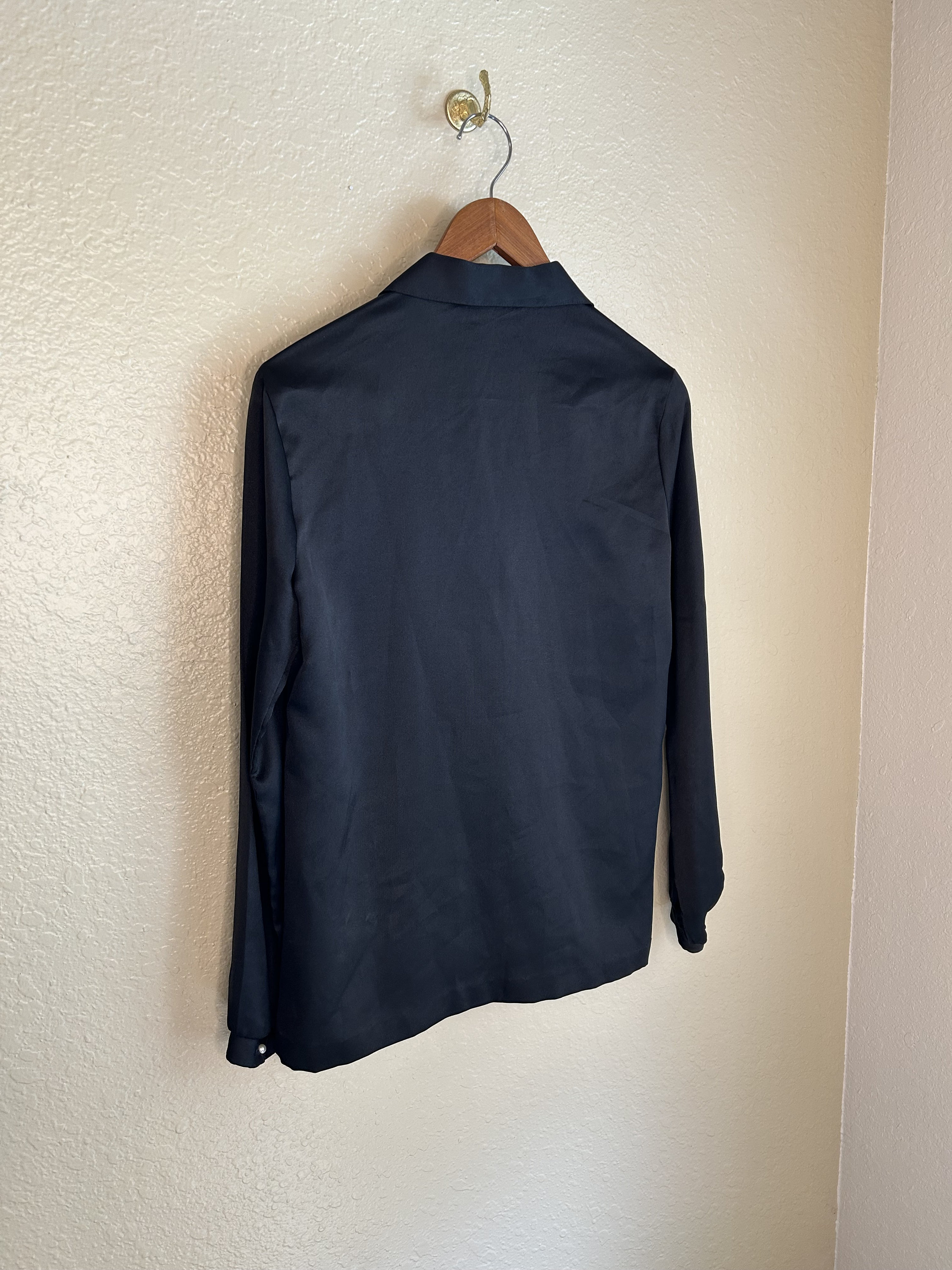 Silky Vintage Black Satin Long Sleeve Blouse/top With Faux