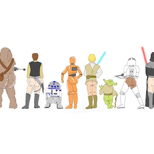 May include: A humorous illustration of Star Wars characters from the back, with their pants down, including Chewbacca, Han Solo, C-3PO, Luke Skywalker, Yoda, a Stormtrooper, and Darth Vader. The illustration is in a cartoon style and features a white background.