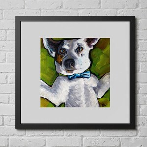 May include: Painting of a white and brown dog with blue eyes wearing a blue bow tie. The dog is lying on its back with its paws in the air. The background is a green and brown color.