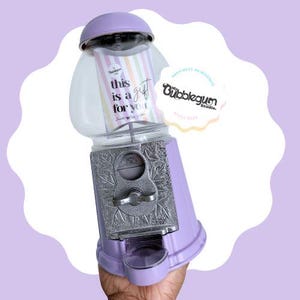 Gumball machine, lilac, silver plate candyfloss pink, bubblegum machine, Functional Metal saving machine takes coins up to 22mm or coin free