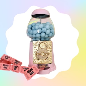 Gumball machine, Pink, candyfloss pink & bubblegum blue, bubblegum machine, Functional Metal saving machine takes coins up to 22mm