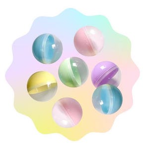 May include: Assortment of eight clear plastic balls in a range of pastel colours. The balls are hollow and have a smooth, shiny finish.