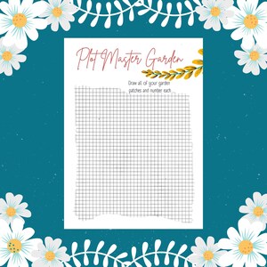 Puede incluir: Un planificador de jardín imprimible con fondo blanco y un patrón de cuadrícula. El título es "Plot Master Garden" con un diseño floral amarillo y verde. El texto debajo del título dice "Dibuja todos tus parches de jardín y numera cada uno."