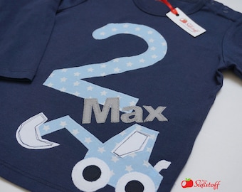 Geburtstag Shirt, Geburtstagsshirt Jungen, T-Shirt personalisiert, Tshirt mit Namen & Zahl, Applikation Bagger, Geschenk Kindergeburtstag