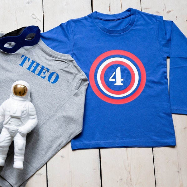 Geburtstagsshirt Superheld, Shirt Geburtstag, T-Shirt Captain America, Trikot Jungen personalisiert, Zahl & Namen