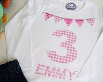 Birthday shirt, birthday 1-2-3-4-5-6-7 shirt personalized, number & name, T-shirt with garland, pennant chain applied, gingham number