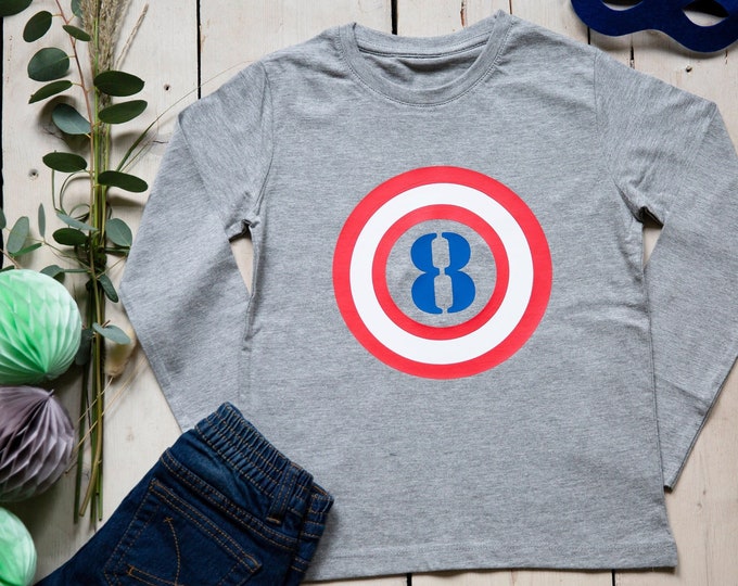 Birthday shirt, boy, shirt superhero, t-shirt birthday personalized, tshirt name, 3, 4, 5, 6, 7, 8, 9, 10, 11, 12, Captain America