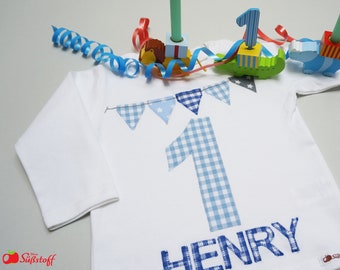 Geburtstagsshirt, 1 Geburtstag, Shirt personalisiert, Tshirt Junge, Langarmshirt Mädchen, Applikation Wimpelkette Girlande, Geschenk Kinder