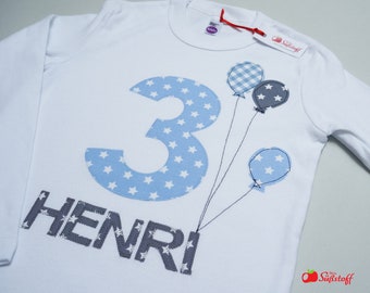 Geburtstag Junge Shirt, Geburtstagsshirt personalisiert, T-shirt Name, Tshirt Zahl, Shirt Luftballon Applikation, Geschenk Kinder Geburtstag