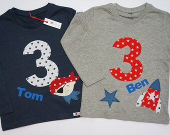 Geburtstag Shirt Pirat, Geburtstagsshirt Junge, T-Shirt Zahl & Name personalisiert, Langarmshirt / Kurzarmshirt, Geschenk Kindergeburtstag