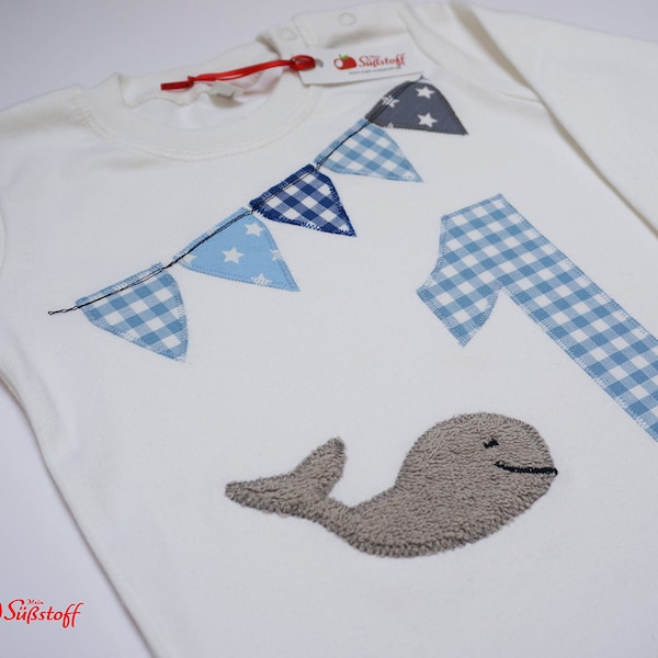 Birthday shirt, shirt 1st birthday, number & name, number shirt children, terrycloth application whale, baby gift personalized