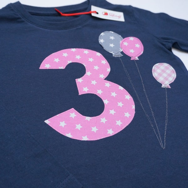 Shirt verjaardag, verjaardagsshirt meisje, nummer & naam, T-shirt ballonapplicatie, kinderverjaardagscadeau