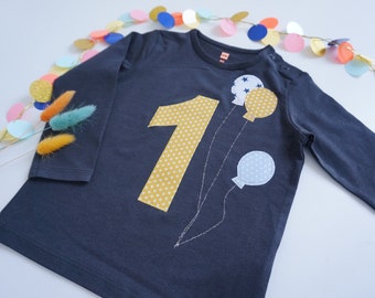 Luftballon Geburtstagsshirt personalisiert, Geburtstags Tshirt, Zahlenshirt zum Geburtstag, T- Shirt mit Zahl & Namen, Langarmshirt Kinder
