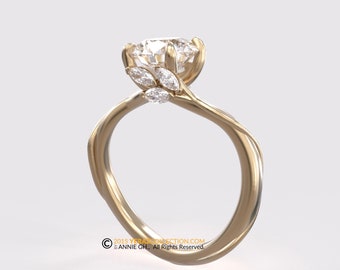 Leaf Engagement ring, Yellow Gold 14k, Diamond ring, Vine Ring, Nature inspired Diamond Leaf ring, Bridal ring. 156