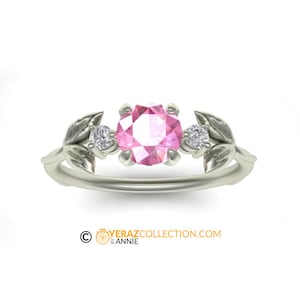 Leaf Engagement ring, White Gold 14k, Pink Sapphire Engagement ring, Nature inspired Diamond Leaf ring, Leaf Gold ring, Bridal ring.