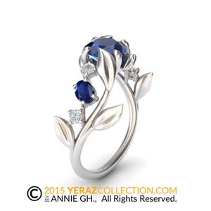 Leaf Engagement ring,White Gold 14k, Lab created Blue Sapphire Engagement ring,Nature inspired Diamond Leaf ring,Leaf ring.