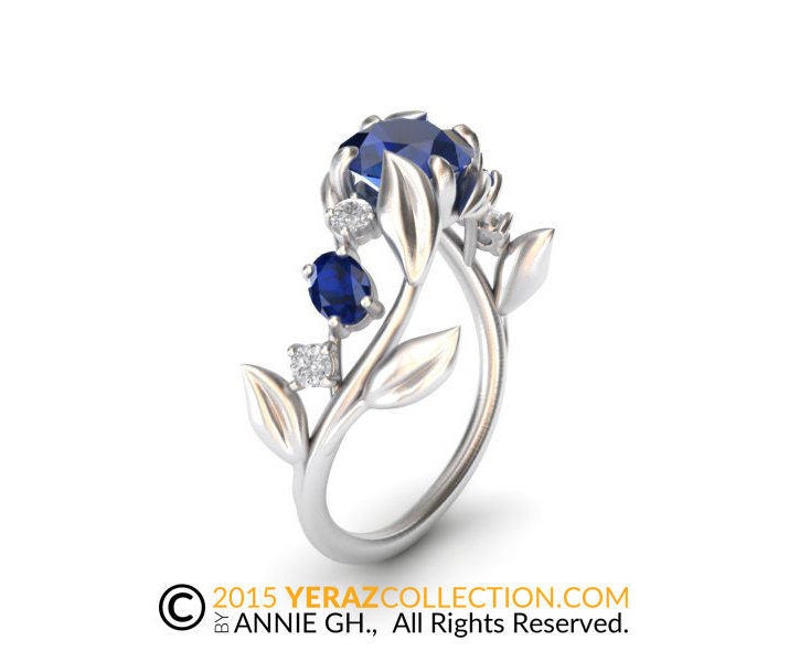 Leaf Engagement ring White Gold 14k Lab created Blue Sapphire Engagement ring Nature inspired Diamond Leaf ring Leaf ring