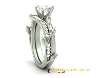 Engagement ring with leaf matching band, Moissanite engagement ring, diamond ring, 14k Gold ring, Nature inspired Wedding Band.