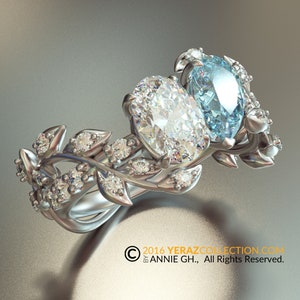 Toi Et Moi Ring, Leaf Engagement ring, White Gold 14k, Nature inspired  Leaf ring, Aquamarine And Moissanite Engagement Ring, Diamond Ring.