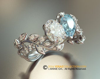 Toi Et Moi Ring, Leaf Engagement ring, White Gold 14k, Nature inspired  Leaf ring, Aquamarine And Moissanite Engagement Ring, Diamond Ring.