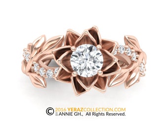 Leaf Engagement Ring, Lotus Flower Ring, 14k Rose Gold, Moissanite Ring, Nature Inspired Leaf Ring, Leaf Gold Ring.