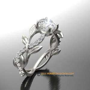 Leaf Engagement Ring, White Gold 14k, Moissanite Center-stone, Nature inspired Diamond Leaf ring, Leaf Gold ring, White gold.