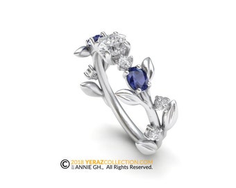 Anillo de compromiso de diamantes muy exclusivo, hermoso anillo de compromiso de hoja, oro blanco de 14 k, anillo de hoja inspirado en la naturaleza, anillo de hoja de oro.