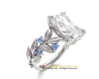 Engagement Ring, 14k Gold Leaf Ring, Lab-Created Radiant Cut Diamond and Blue Sapphire Accents, Nature-Inspired Engagement Ring, Aurelia.
