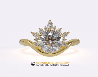 Starburst Engagement ring, Diamond Ring, Modern Ring, Yellow Gold 14k, Round lab Diamond stone, Engagement Ring, Half Halo Ring.