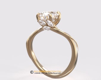 Leaf Engagement ring, Yellow Gold 14k, Lab Created Diamond ring, Vine Ring, Nature inspired Diamond Leaf ring, Bridal ring. 156