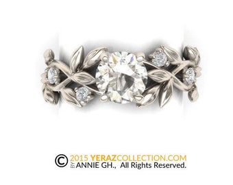 Diamond Leaf Engagement Ring, 14k White Gold, Lab Created Diamond Center stone, Nature inspired Leaf Ring, Engagement Ring.