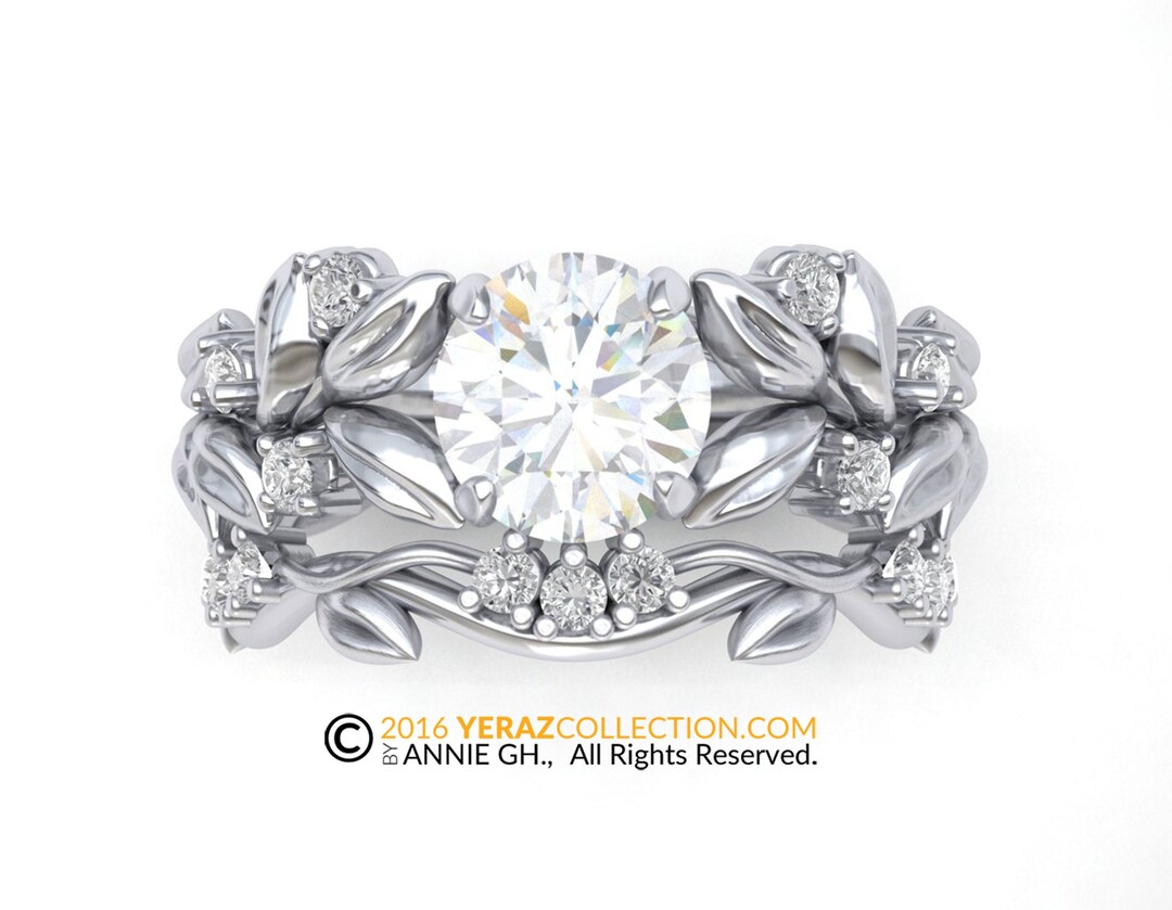 14 Karat White Gold Diamond Band Beautiful Floral Leaf Design Through Ring