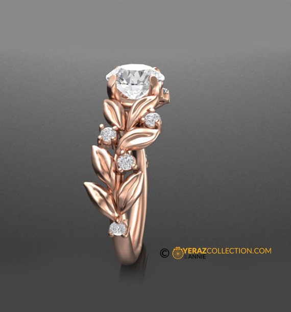 Leaf Engagement Ring Rose Gold 14k White Sapphire Engagement
